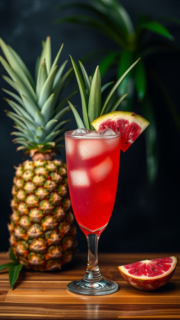 A vibrant Tropical Pink Dragonfruit Pineapple Rum Fizz cocktail served in a glass with a pineapple and grapefruit garnish.