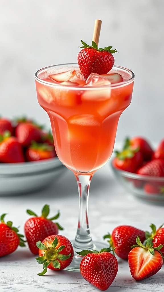 A vibrant strawberry margarita in a glass with fresh strawberries around it.