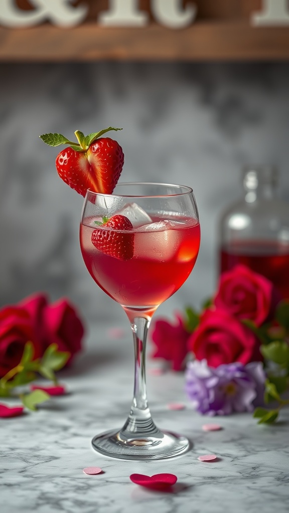 A vibrant Heartbreaker Mocktail garnished with strawberries, surrounded by roses.