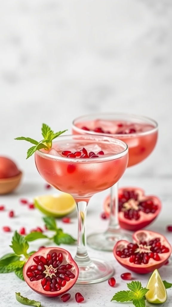 Two pink pomegranate margaritas in elegant glasses, garnished with mint and surrounded by pomegranate seeds and lime.