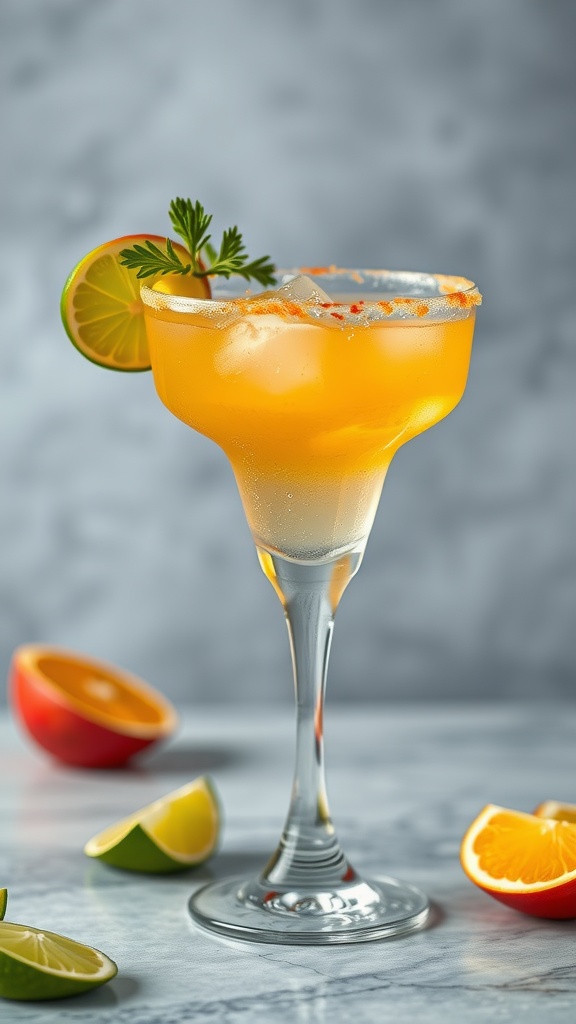 A refreshing Zesty Spicy Margarita served in a glass with lime and orange slices beside it.